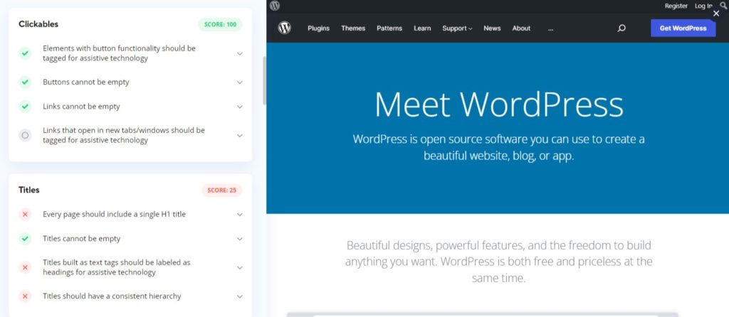 Résultat de l'analyse d'accessibilité Web depuis accessiBe