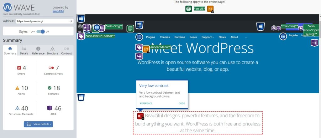 Résultat de l'analyse de l'accessibilité Web à partir de WAVE