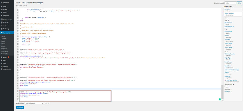 customize my account page woocommerce - add hook for removal