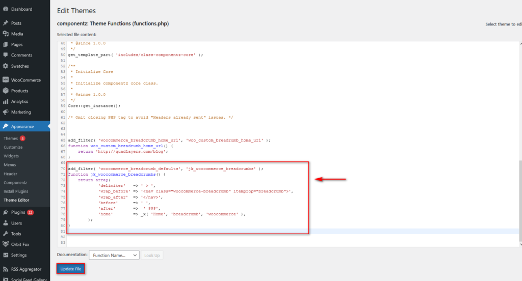 modifier le fil d'Ariane dans wordpress - tableau de fil d'Ariane woocommerce