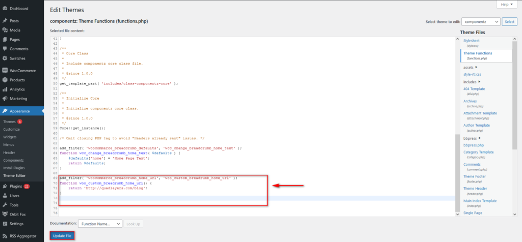 modifier le fil d'Ariane dans wordpress - lien vers la page d'accueil de woocommerce