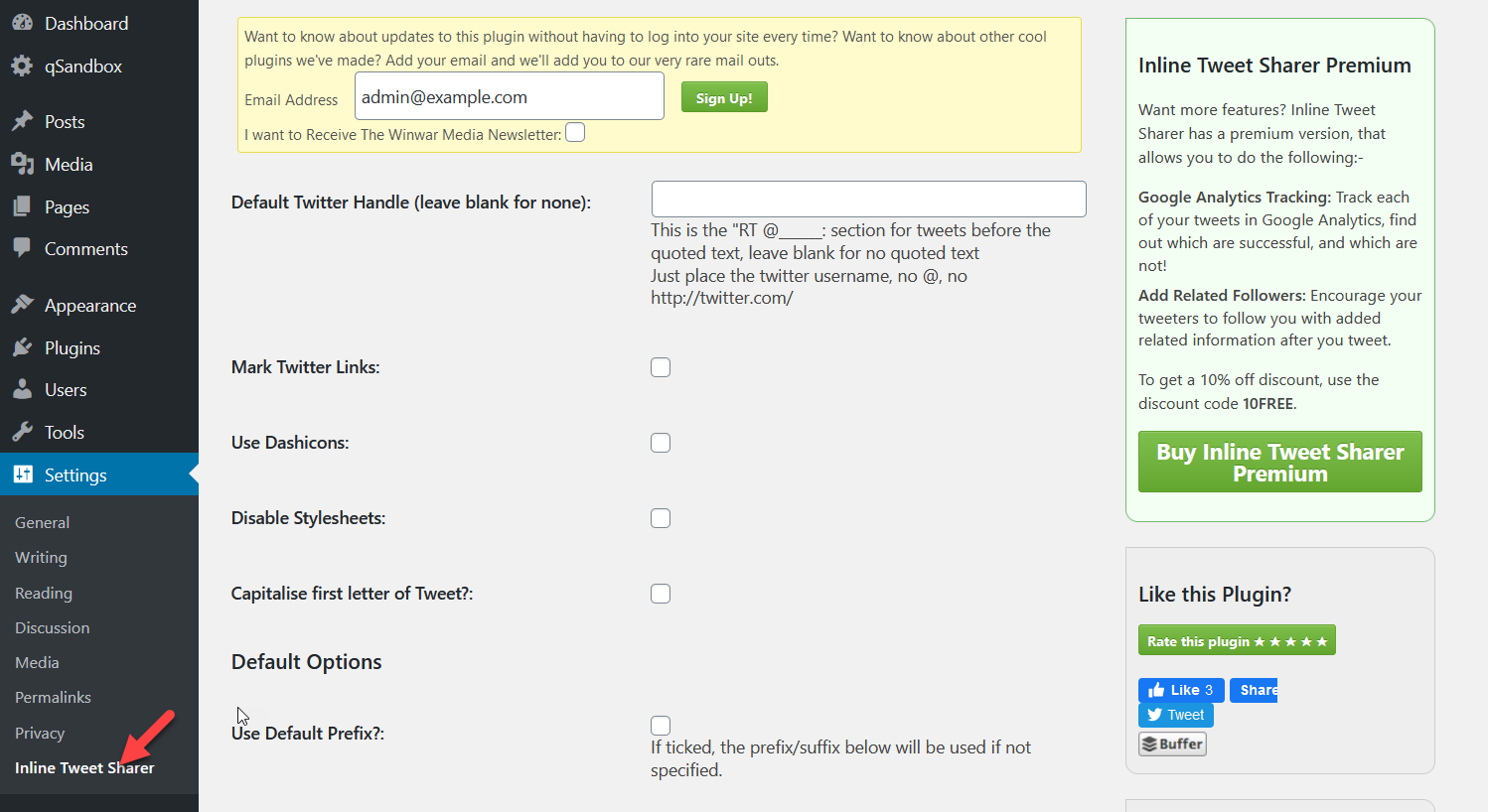 Connect Twitter with WordPress - inline tweet sharer plugin settings