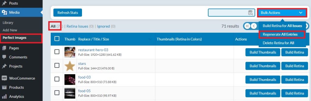 régénérer toutes les entrées résoudre les problèmes de taille d'image woocommerce