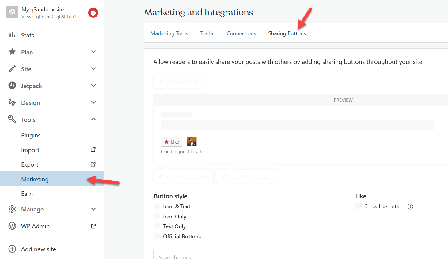 jetpack sharing button settings