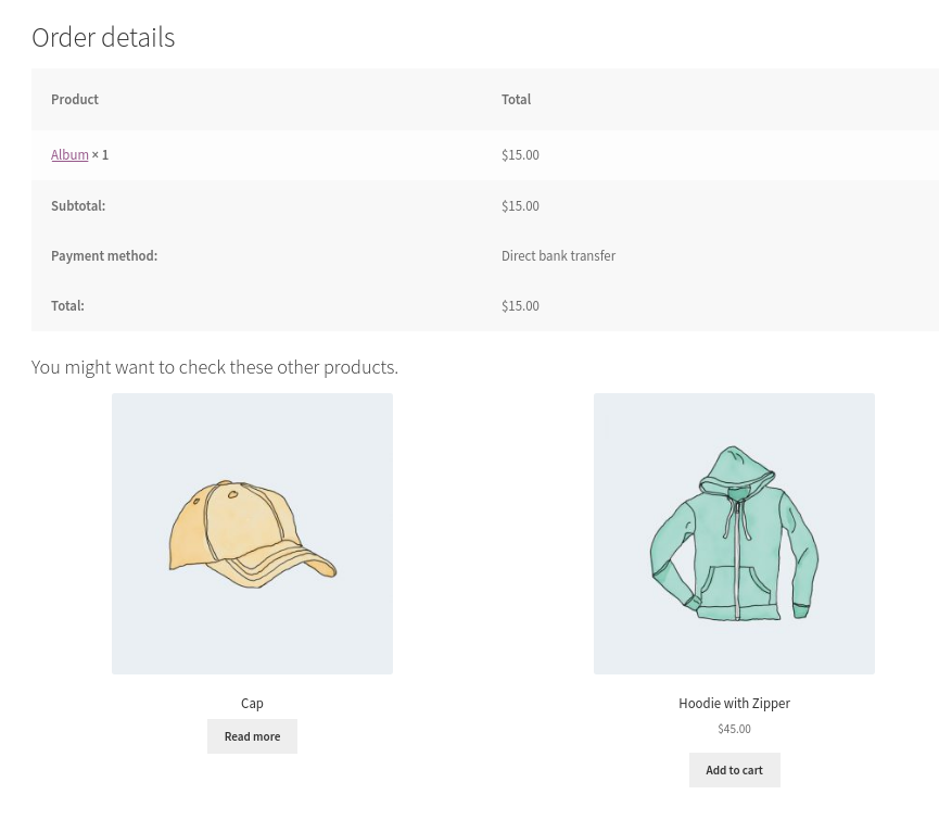Affichage des informations sur le produit sur la page de remerciement