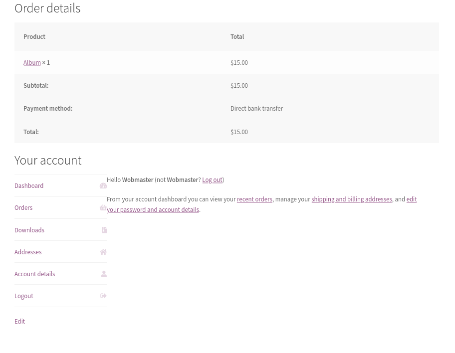 Afficher les détails du compte sur la page de remerciement