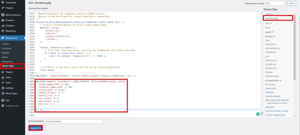 l'éditeur de thème corrige les problèmes de taille d'image woocommerce